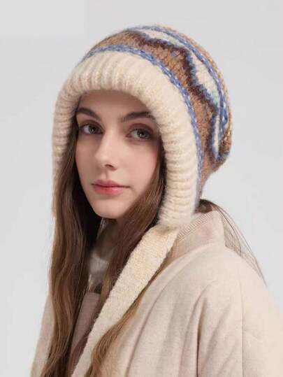 1 pezzo Berretto oversize da donna in stile Fair Isle a tinta unita, cappello lavorato a maglia retrò alla moda per uso casual all'aperto, adatto per uso quotidiano