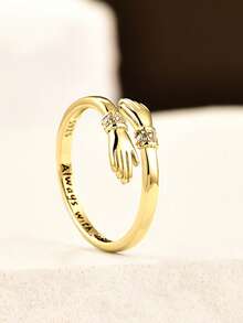 BALMORA 1pc S925 Sterling Silver Cubic Zirconia Engraved Ring, "Forever With You" Open Ring, Suitable As Gift For Friends Or Family - Gold - View 7