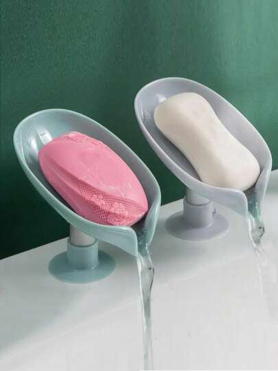 两片叶子形状的带排水孔的皂碟，底部带吸盘的皂盒，自粘塑料皂架，厨房浴室皂碟，皂盒，浴室收纳工具，浴室配件，多功能皂架，收纳架，浴室配件（灰色，绿色）