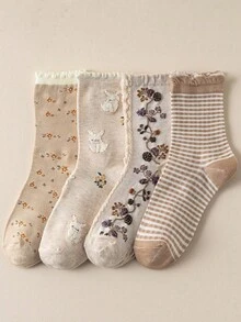 1/4 Pair Beige Lace Ruffle Bunny Print Striped Pattern Breathable Cute Elastic Casual Student Moisture-Wicking Mid-Calf Socks, Women, Suitable For Easter, Autumn, 8 Pairs Set - Multicolor - View 2