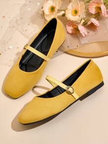 独家设计：复古法式方头玛丽珍平底鞋，酒红色，金属搭扣，优雅百搭，柔软鞋底，时尚舒适，适合夏季全天穿着，是情人节、母亲节、婚礼、派对、办公场合的理想礼物（鞋码偏小偏窄，建议选购大一码） - 黃色 - 查看 16