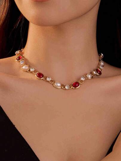 1 Piece Elegant Red Imitation Gemstone Necklace For Women ,Copper Alloy Chain Plated 14K Gold,Faux Pearl Necklace,Perfect Gift For Mother's Day,Valentine's Day,Wedding,Christmas Day