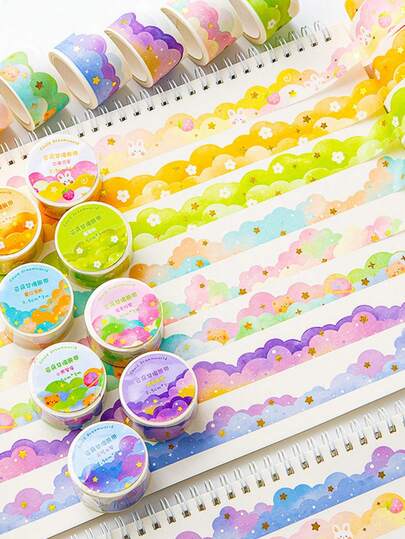 118.11 英寸金色箔云朵图案和纸胶带 - 柔和彩虹渐变，饰以星星和云朵图案，耐用纸艺胶带，适用于 DIY 手账、剪贴簿、礼品包装 - 装饰文具、手账装饰、趣味设计、鲜艳色彩、创意项目、子弹笔记装饰、艺术设计、光滑质地、手账爱好者