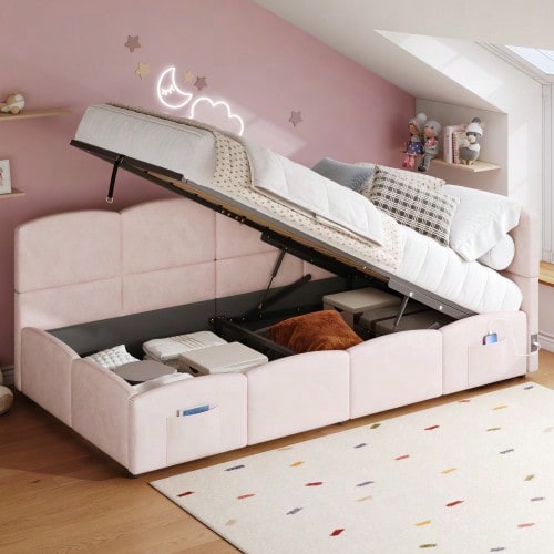 Polsterbett, Kinderbett,Einzelbett, Stauraumbett, Schlafsofa 90x200 cm, mit Lattenrost, USB-Ladegerät, Stautasche, Jugendbett und Erwachsenen-Kinderbett, Samt,rosa
