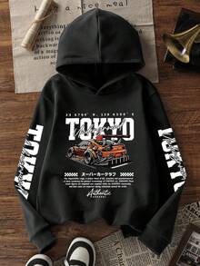 一件带保暖内衬的连帽卫衣，印有赛车图案，适合青少年男孩、年轻学生，秋冬季长袖上衣 - 黑色 - 查看 2