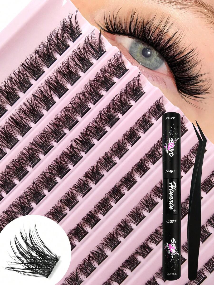 Bộ nối mi HINARIN 120 sợi D Curl, mi giả dạng chùm 8-16MM, bộ dụng cụ tự làm mi giả, bộ nối mi dày, mi giả riêng lẻ với keo dán mi chống thấm nước và chất bịt kín, dành cho người mới bắt đầu.