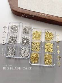 6-Grid Box Gold And Silver Classic European And American Style Luxury Metal Cross Nail Decoration Gothic Style Metal Diamonds Minimalist 3D Multifunctional Nail Jewelry Y2K Retro Cross Nail Accessories Nail Salon Artistic Decoration Nail Flash Metal Diamond Nail Gems Nail Supplies Nail Charms False Nail Decoration Accessories - Multicolor - View 4