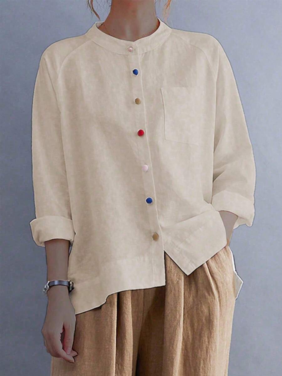 Camisa de mujer de unicolor con cuello abierto, manga raglán y botones de colores, para otoño y primavera - Amarillo claro - Ver 1