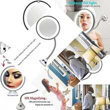 Makeup Mirror LED Light Suction Cup 360° Swivel Flexible Gooseneck 10X Magnifying For Travel & Home Bathroom Vanity (White) - As Pic - View 1