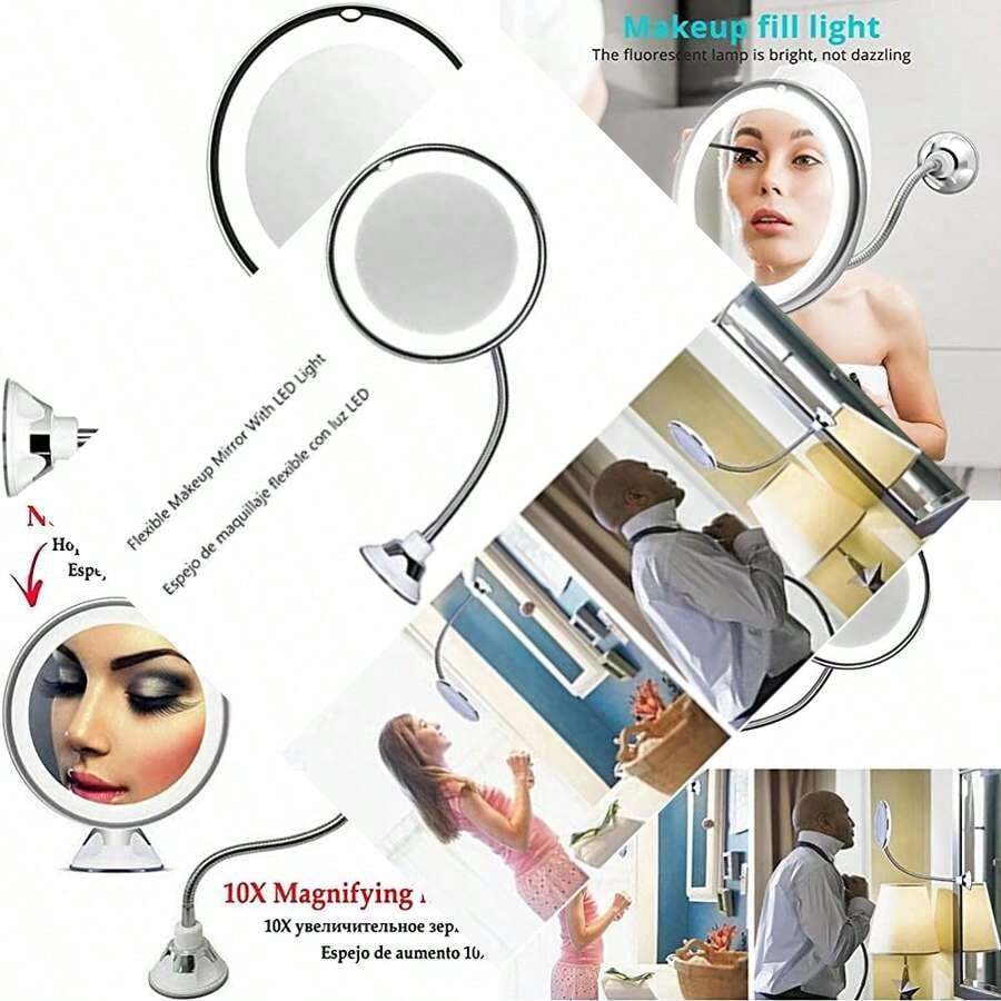 Makeup Mirror LED Light Suction Cup 360° Swivel Flexible Gooseneck 10X Magnifying For Travel & Home Bathroom Vanity (White) - As Pic - View 1