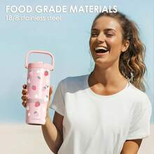 Pink Bow Stainless Steel Straw Lid Tumbler 30oz With Carry Handle For Women Girls, Insulated Travel Coffee Cup, Gift For Sports Outdoor Workout Christmas Birthday - Strawberry - 查看 6