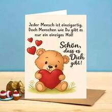 "Jeder Mensch Ist Einzigartig" German Adult Card - Teddy Bear & Heart Affectionate Design (Includes Envelope) - Multicolor - View 5
