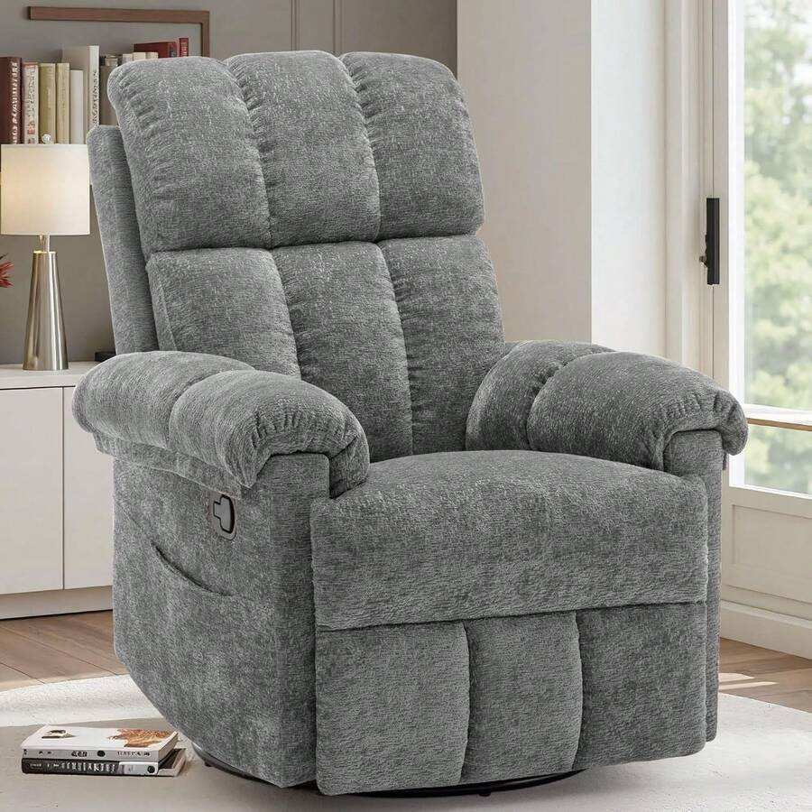 Recliner Chair, Swivel Rocker Recliner Chair For Adults, Small Recliners For Small Spaces, Upholstered Manual Recliner With Side Pockets,  Rocking Chair For Living Room, Chenille, Beige - 灰色 - 查看 1