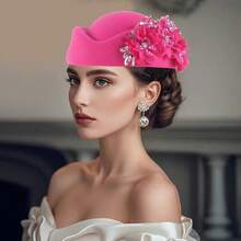 1pc Retro British Felt Headband Hat, Women's Church Derby Headpiece With Flower Decor, Soft Beret Cap