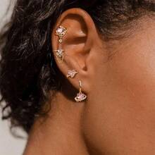 Sterling Silver Post Earrings For Women - Hypoallergenic 14K Gold Plated Cartilage Earrings Dainty Stud Hoop Dangle Chain Earrings Gold Plated Jewelry For Women{Inchcolor_nameinch:Inch4PcsPinkUniverseSet(SingleEarringNotaPair)Inch} - Hồng - Xem 5