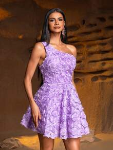 Faeriesty 春夏款单肩无袖迷你连衣裙，搭配迷你 A 字裙和 3D 花卉刺绣花朵 - 女士鸡尾酒会、婚礼、晚会、毕业晚会服装 - 紫丁香色 - 查看 6