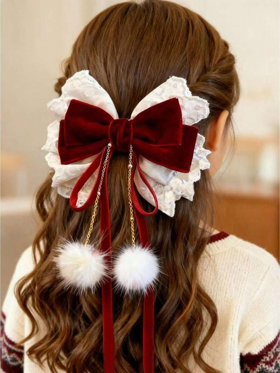 1pc Girls Elegant & Sweet Red Bow Hair Clip, Lace Velvet Bow Pearl Pom Pom Decor Ribbon Hair Accessory - Burgundy - View 1