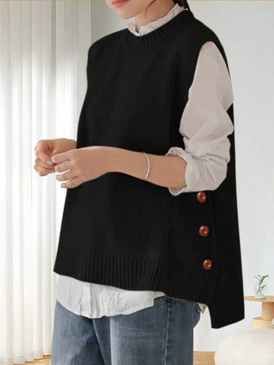 Plus Size Comfortable Knit Vest - Soft Sleeveless Solid Color Knit Vest, Suitable For Spring And Autumn, Comfortable And Casual, Suitable For Daily Wear - Black - View 1