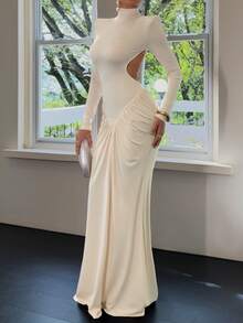Sedessea Solid Color Elegant Ruffled Hollow Out Drape Wedding Party Dress - Apricot - View 5