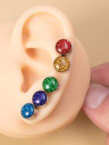 2 piezas de Pendientes de botón redondos con gota de aceite de lentejuelas personalizados, pendientes perforados de acero inoxidable aptos para uso diario - versión con lentejuelas - Ver 3