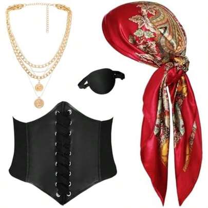 4 Pcs Pirate Costume Accessories Set For Women Pirate Bandanas Head Scarf Eye Patch Medieval Corset Necklace(Red)