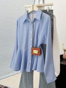 优雅女士长袖条纹衬衫，荷叶边下摆，适合工作或休闲穿着，优雅女士衬衫，女士派对上衣 - 藍色 - 查看 4