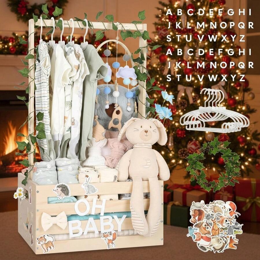 Baby Shower Gifts Basket Wooden Crate, 26-Letters And Baby Clothes Hangers New Born Baby Girl Boy Gifts Vine Decorations Cute Closet With Handle Pregnancy Gifts For New Mom Parents - 米色 - 查看 1
