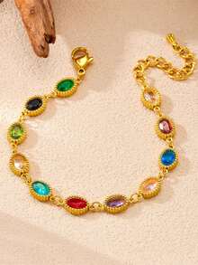 1 Peça Pulseira Elegante Tom Dourado com Pedras Cúbicas de Zircônia Geométricas Multicoloridas, Adequada para Uso Diário ou Festivo de Mulheres, Presente para Namorada