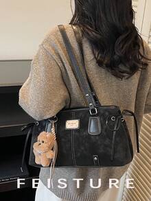 1 pieza de bolso de hombro vintage FEISTURE de gran capacidad, de material PU, estilo bolera, para mujer, ideal para ir al trabajo o a la escuela. Incluye un accesorio de regalo al seguirnos en la tienda. - Negro - Ver 6