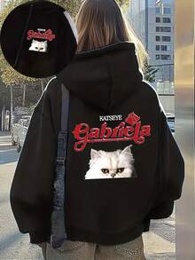 KATSEYE Gabriela Women'S Hooded Sweatshirt - Black With Red Lettering & Cat Face Graphic, Adjustable Drawstring Hood, Cozy Fall/Winter Pullover, Casual Long Sleeve Top For Casual Attire, Cat Hoodie, Autumn Apparel, Playful Design, Comfortable Fit, Durable Fabric, Streetwear Style,  Hoodie, Soft Material, Printed Hoodie, Streetwear Lovers, Cat Lovers, Women'S HoodiesOversized Women's Hoodie,Street Style Outfit,Sudadera - 黑色 - 查看 7