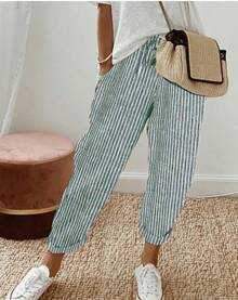 Valentine's Day 2026 Summer Women's Striped Casual Pants Loose Fit Elastic Waist Suitable For Christian Church Activities, Vacation, Beach, Daily Casual Wear, Etc - 藍色 - 查看 9