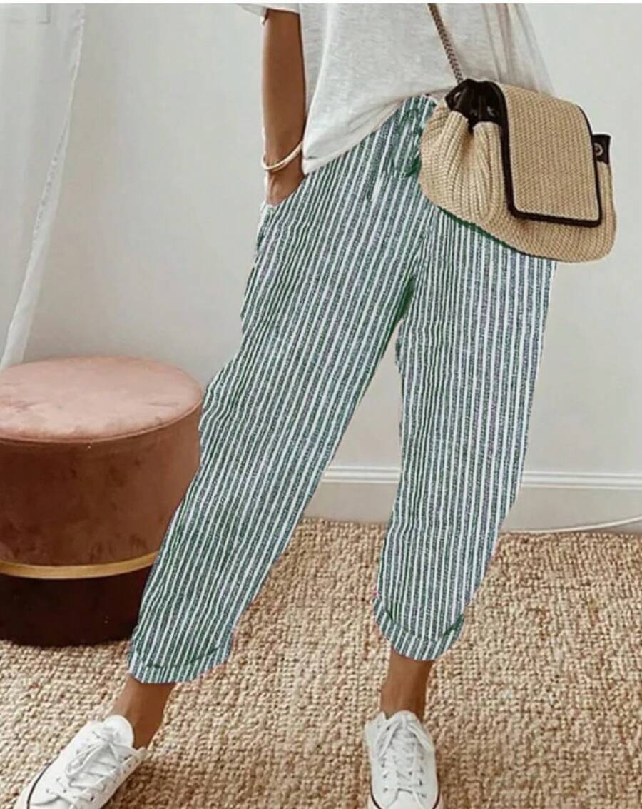 Valentine's Day 2026 Summer Women's Striped Casual Pants Loose Fit Elastic Waist Suitable For Christian Church Activities, Vacation, Beach Etc - 綠色 - 查看 1