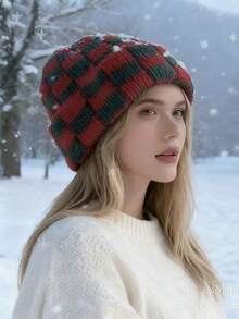 Classic Autumn/Winter Checkerboard Knit Beanie Hat For Women, Korean Fashion Chic, Suitable For Large Head Circumference, Warm Knitted Cap, Versatile Christmas Accessory