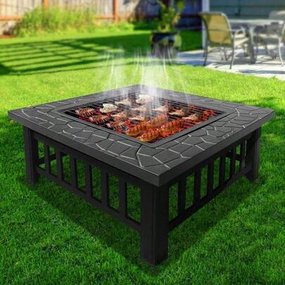 Outdoor Metal Firepit Backyard Patio Garden Square Stove Fire Pit With Poker