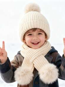 1 Set Kids Solid Color Thickened Knit Beanie Hat And Scarf, Unisex Autumn/Winter - Pom-pom Scarf + Solid Color Beanie - View 7