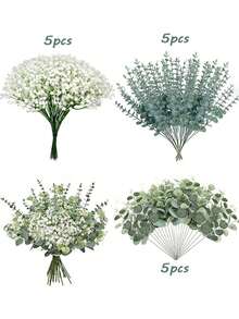 15/30/60 Pcs 3 Kinds Babys Breath Mixed Eucalyptus Leaves Artificial Flowers For Wedding Vase Bouquet Floral Arrangement Decor Gifts Birthday Graduation,Fake Plants