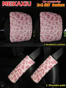MEIKAXIU Winter Plush Rabbit Fur Coffee, Pink, Gray, White, Purple, Leopard Print Car Accessories Set, Including Steering Wheel Cover, Handbrake Cover, Gear Shift Cover, Armrest Pad, Headrest Cover, Handgrip Cover, Shoulder Pad, Suitable For Women - Leopard Print Plush - View 52