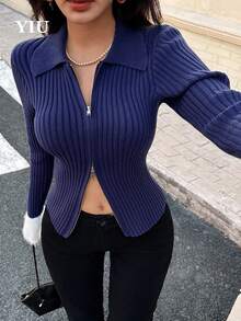 YIU Sweater Pendek Rajut Bergaris Ritsleting Penuh untuk Wanita, Kardigan Rajut Lengan Panjang dengan Kerah Lipat, Cocok untuk Musim Gugur/Musim Dingin, Model Pullover Sedikit Elastis - Navy Blue - View 7