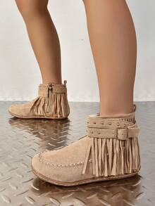 Women's Fashion Fringe Mid-Calf Boots, Western Style Flat Casual Short Boots, Solid Color Suede Stitched Seam Outdoor Wide Shaft Boots, Autumn/Winter - 灰色 - 查看 4