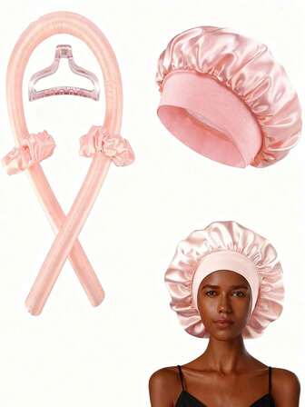 Set de 5 piezas de herramientas para rizos sin calor de satén, que incluye 1 pieza de rizador de cabello sin calor, 1 pieza de gorro de dormir de satén, 1 pieza de pinza para el cabello, 2 piezas de ligas para rizos, set de rizos de seda sin calor, rizos elásticos sin calor adecuados para el hogar, fiestas, peinados, ondas grandes, cabello largo/corto durante la noche, rizadores de cabello, rizos sin calor, productos y accesorios de peluquería, artículos de belleza y viaje, kit de herramientas para el cabello
