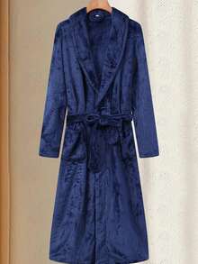 男士毛绒羊毛浴袍 - 舒适 V 领浴袍，配有可调节腰带和大口袋，可机洗，厚实保暖法兰绒，适合秋冬、居家休闲、浴袍、秋冬穿着，质地柔软 - 彩色 - 查看 11