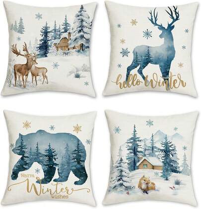 Bonhause Blue Winter Throw Pillow Covers 18x18 Inch Reindeer Bear Deer Snowy Cabine Pine Tree Holiday Decorative Cushion Couch Sofa Home Decor Set Of 4