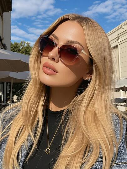 Women Ladies Fashion Glasses Sunglasses Elegant Cat Eye Shades - Champagne Classic Frame, Summer UV Protection Eyewear For Outdoor Beach Vacation, Daily Outfit Decoration & Driving