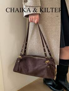 1 Túi đeo vai vải da lộn màu trơn CHAIKA & KILTER, Túi gối Boston thường ngày cổ điển dành cho nữ có lỗ trang trí, quai xách đôi, khóa kéo, thích hợp cho việc mua sắm hàng ngày - Cà phê - Xem 4
