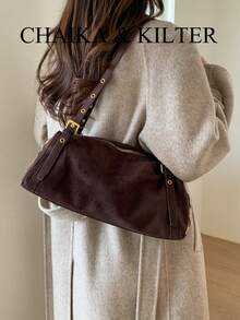 1 Túi đeo vai vải da lộn màu trơn CHAIKA & KILTER, Túi gối Boston thường ngày cổ điển dành cho nữ có lỗ trang trí, quai xách đôi, khóa kéo, thích hợp cho việc mua sắm hàng ngày - Cà phê - Xem 7