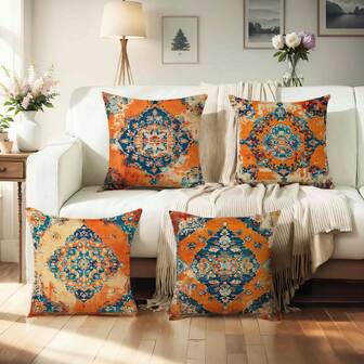 4pcs Bohemian Style Colorful Printed Throw Pillow Covers, Soft & Comfortable Polyester Cushion Covers, 45x45cm (17.72x17.72inch), Zippered, Machine Washable, Suitable For Home Decor, Living Room, Bedroom, Porch, Garden, Outdoor (Cushion Covers Only - Insert Not Included)