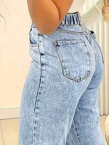 Quần jeans nữ màu xanh nhạt dáng suông, chất liệu denim bạc màu, có túi, kiểu dáng thường ngày, thích hợp cho mùa xuân. - Màu xanh lam - Xem 5