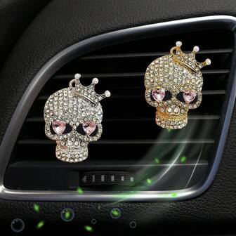 1个闪亮水晶骷髅汽车空调出风口夹，可爱水晶骷髅汽车空气清新剂出风口夹挂件，萌趣水钻骷髅香薰出风口夹，闪亮汽车空调装饰，趣味万圣节装饰