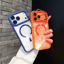 兼容新款 17 Pro Max/17 Pro/17 手机壳，磁性手机壳，金属镜头支架，液态硅胶保险杠，全身防震保护壳，男女通用 - 橘色 - 查看 5