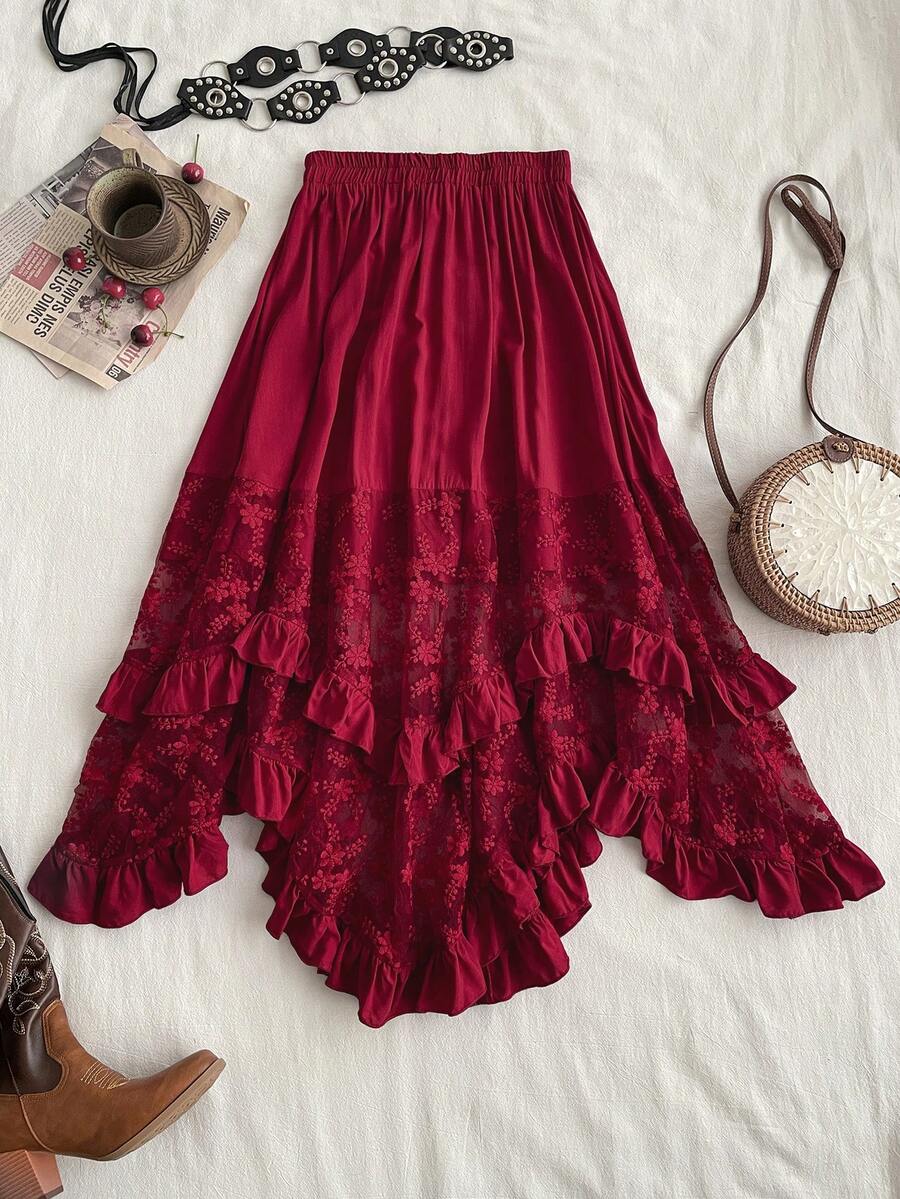 Rusttydustty 女士黑色蕾丝拼接荷叶边中长裙，优雅复古不对称下摆，波西米亚风，适合复活节海滩装扮、夏威夷音乐节和热带度假。 - 紅色 - 查看 1